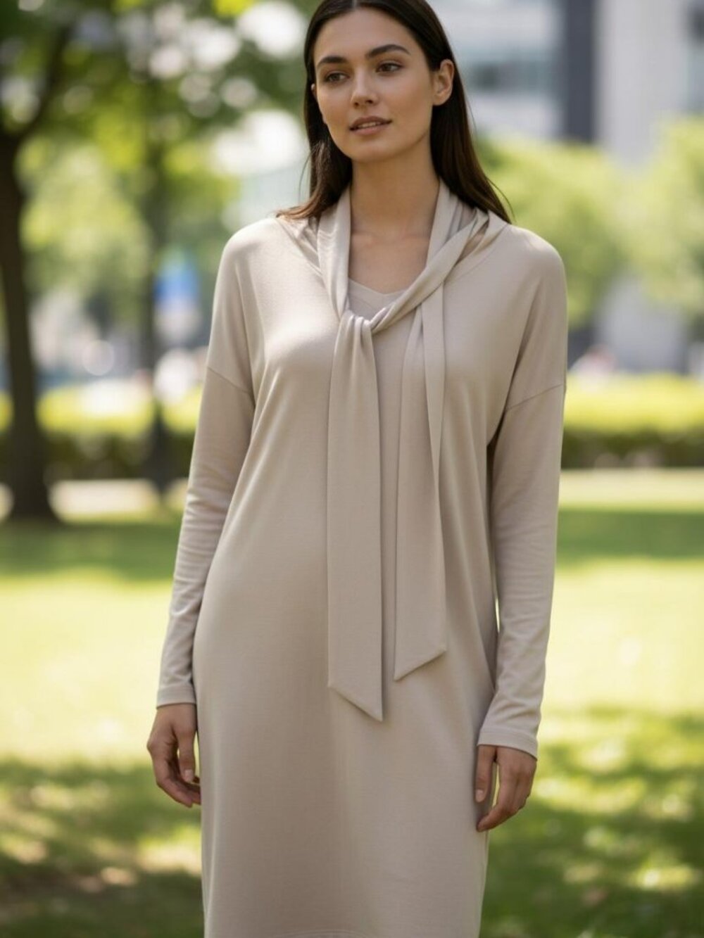 Ioanna Kourbela Oversized Draped Tunic Dress Beige Tie Neck Minimalist OS Fit - Picture 5 of 6
